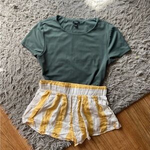 Green Top and Striped Shorts
